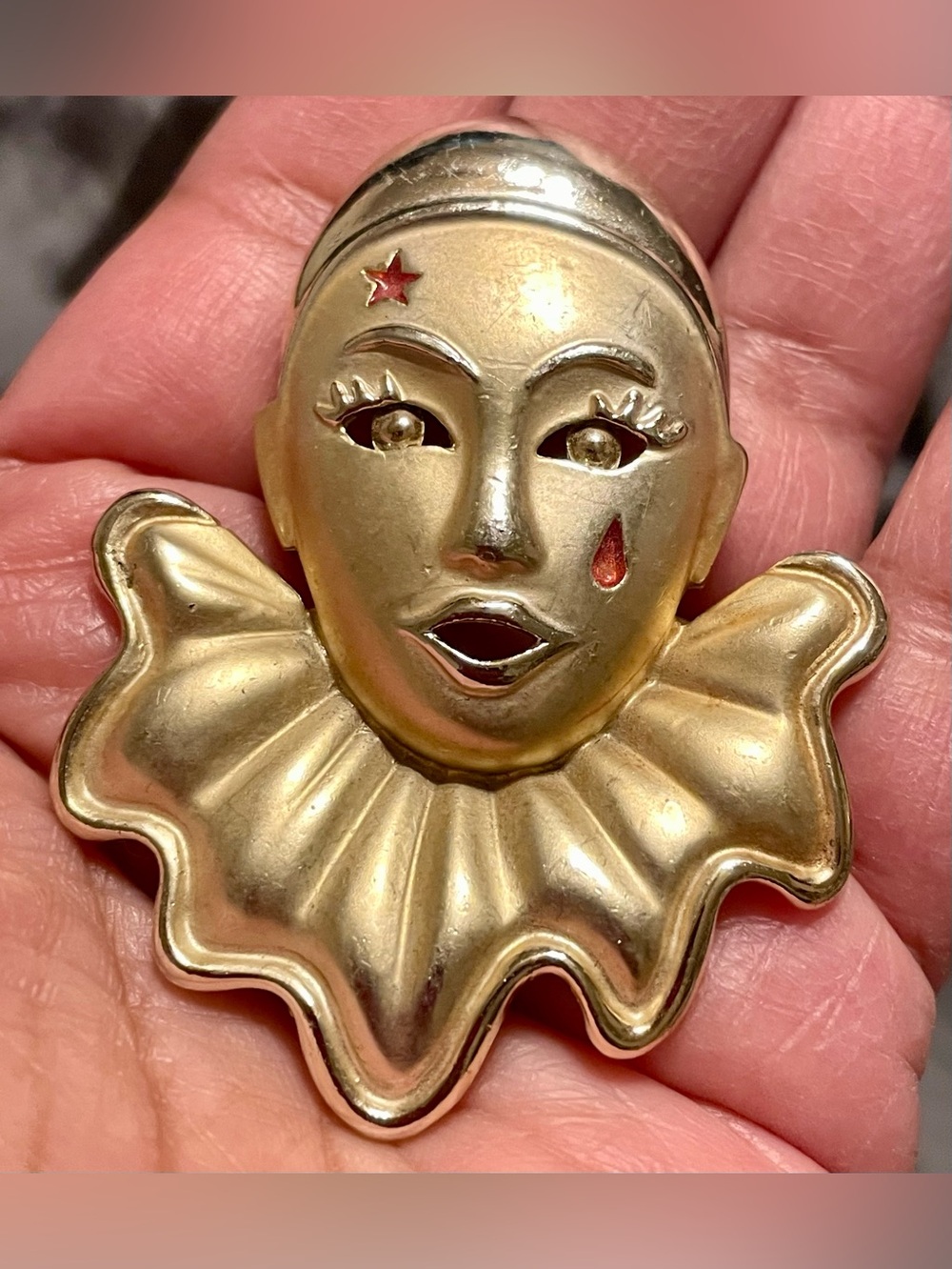 Goldtone Pierrot Clown Face Pin with Red Star and Teardrop